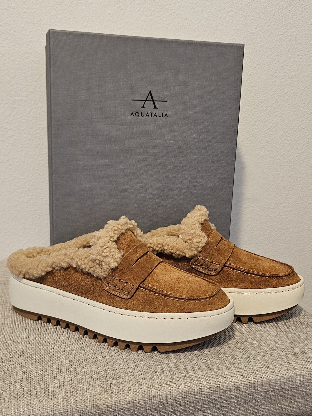 Aquatalia Chestnut Suede Shearling-Lined Mule Loafers